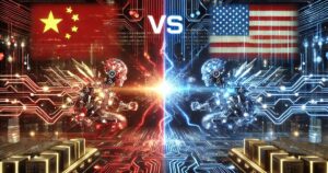 Immagine futuristica di uno scontro virtuale fra le Intelligenze Artificiali Cinesi e quelle Americane