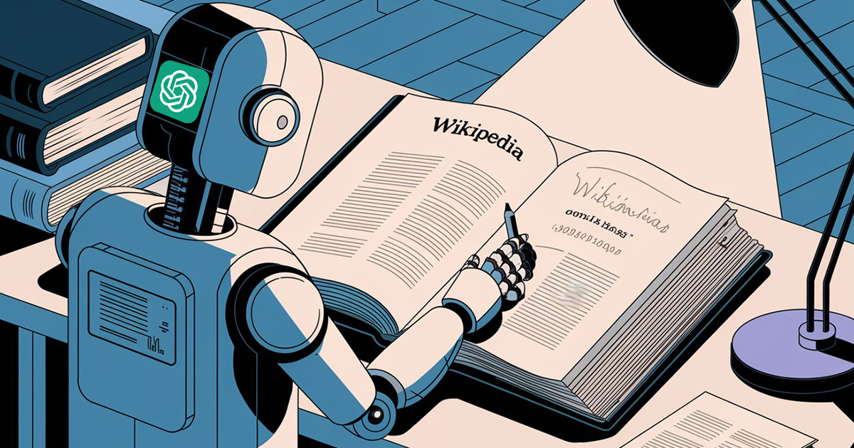 Robot umanoide con il logo di ChatGPT (OpenAI) intento a scrivere su un libro intitolato Wikipedia.