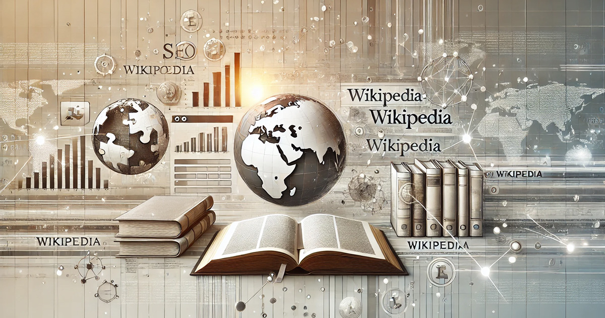 Illustrazione di un mondo che ricorda Wikipedia e dei dati che ricordano la SEO