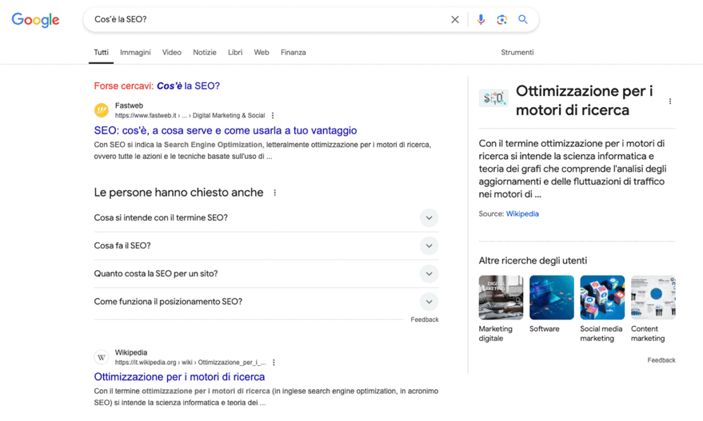 Screenshot dei risultati della SERP di Google per la query ''Cos'è la SEO?''