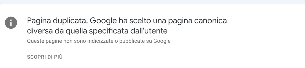 Screenshot di Google Search Console dove viene indicata la segnalazione che Google ha scelto una pagina canonica diversa da quella specificata dall'utente