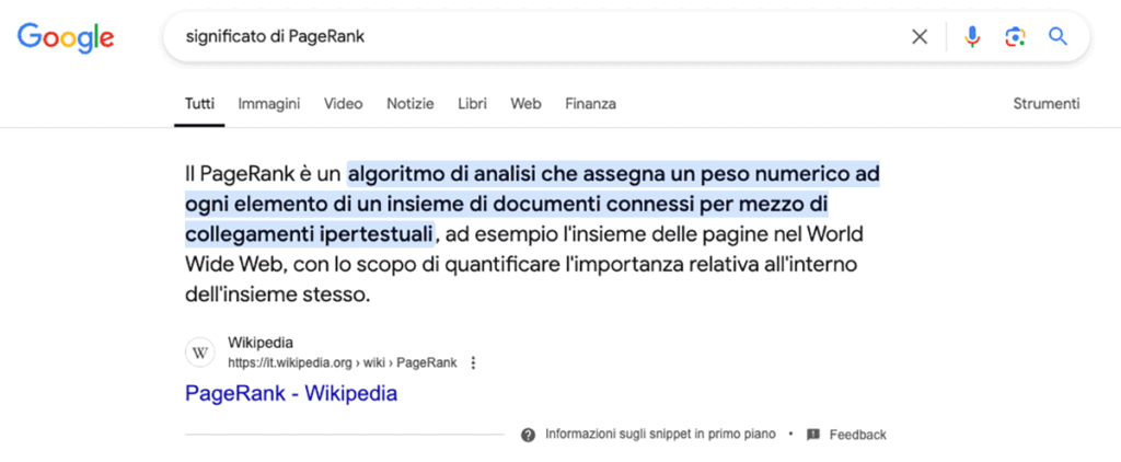 Screenshot dei risultati della SERP di Google per la query ''Significato di PageRank''
